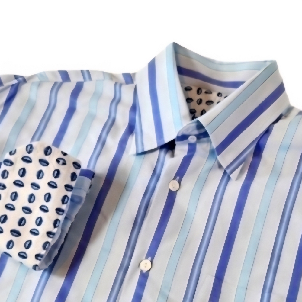 BUGATCHI Uomo Mens L Button Down Shirt Blue White Striped Flip Cuff Contrasting